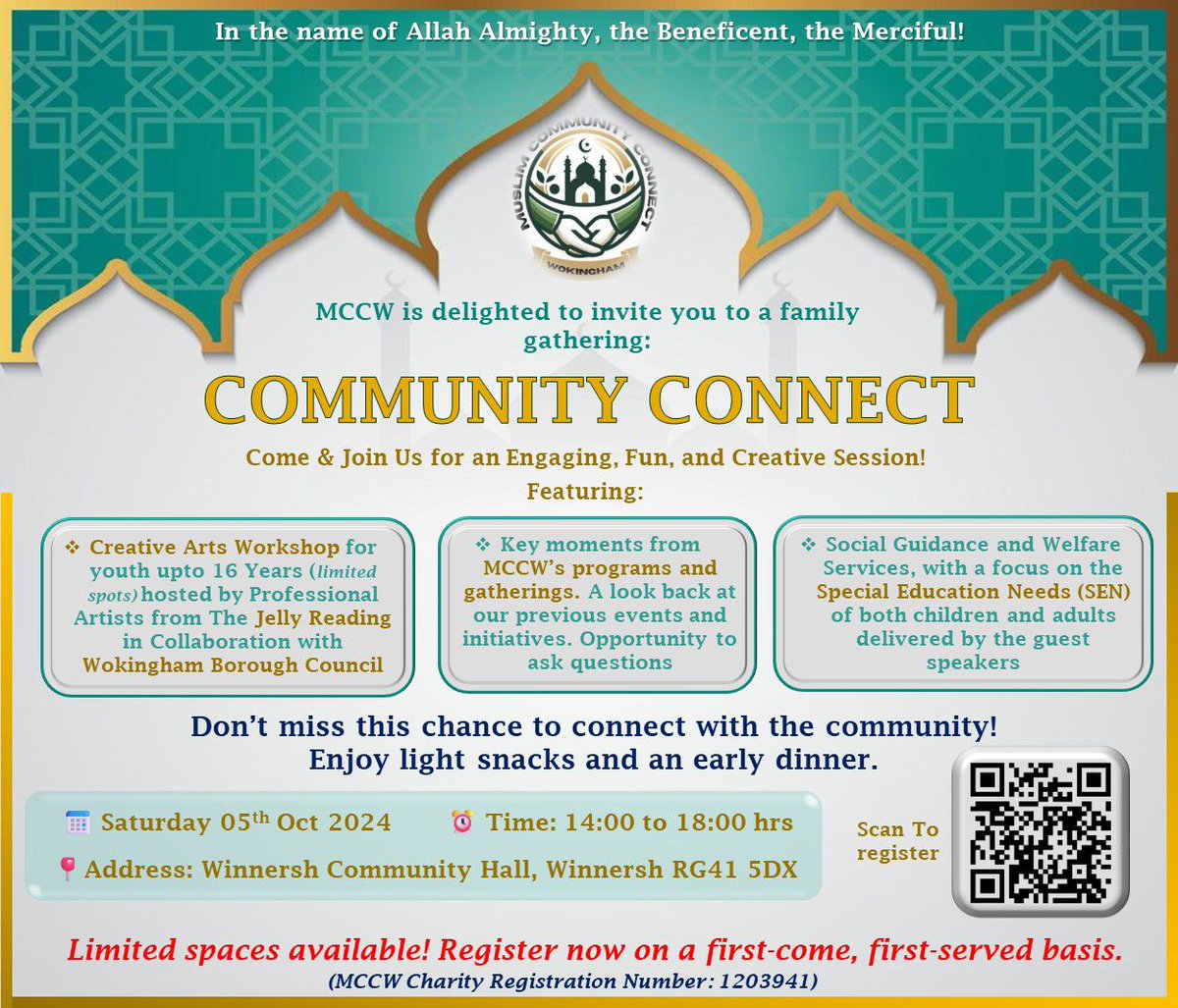 We're at Muslim Community Connect #Wokingham family afternoon at #Winnersh Community Hall from 2pm, tomorrow.
Guest speakers will talking on #SEN and local services, art workshops run by <a href="/thejellyReading/">Jelly</a>  plus lots more... Hope to see you there 😀👇
#Berkshire #CommunityMatters