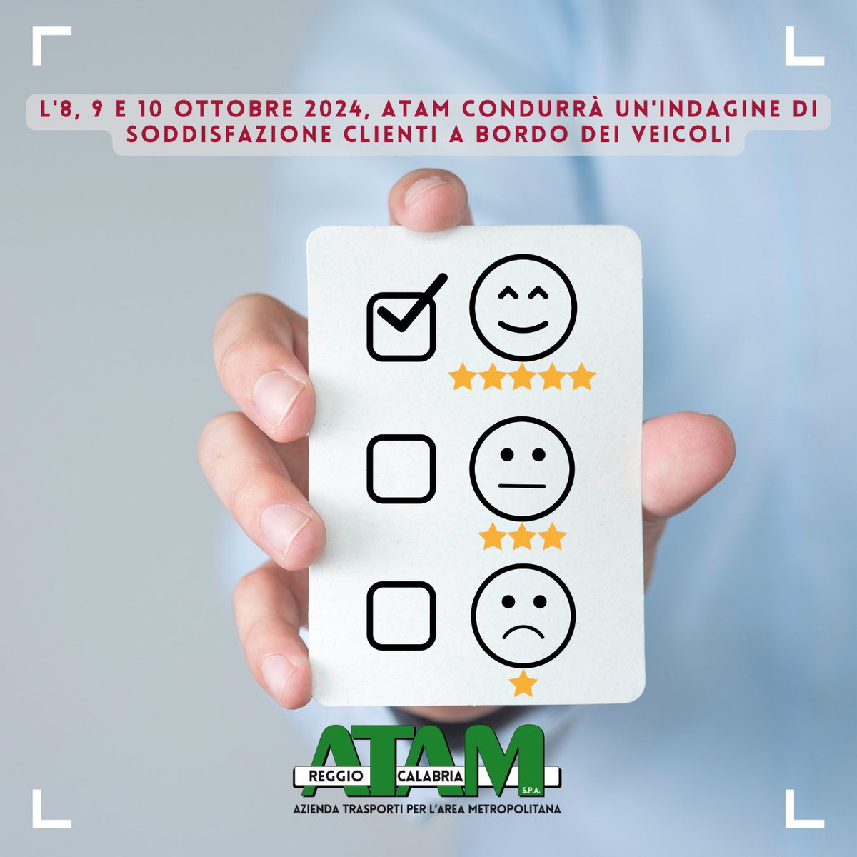 AtamRc's tweet image. 🚍L&apos;8, 9 e 10 ottobre 2024, ATAM condurrà un&apos;indagine di Soddisfazione Clienti a bordo dei veicoli 🚌

📋 Gli intervistatori saranno facilmente riconoscibili grazie ai loro tesserini di identificazione.
🙏 Ringraziamo in anticipo tutti i passeggeri per la preziosa collaborazione.