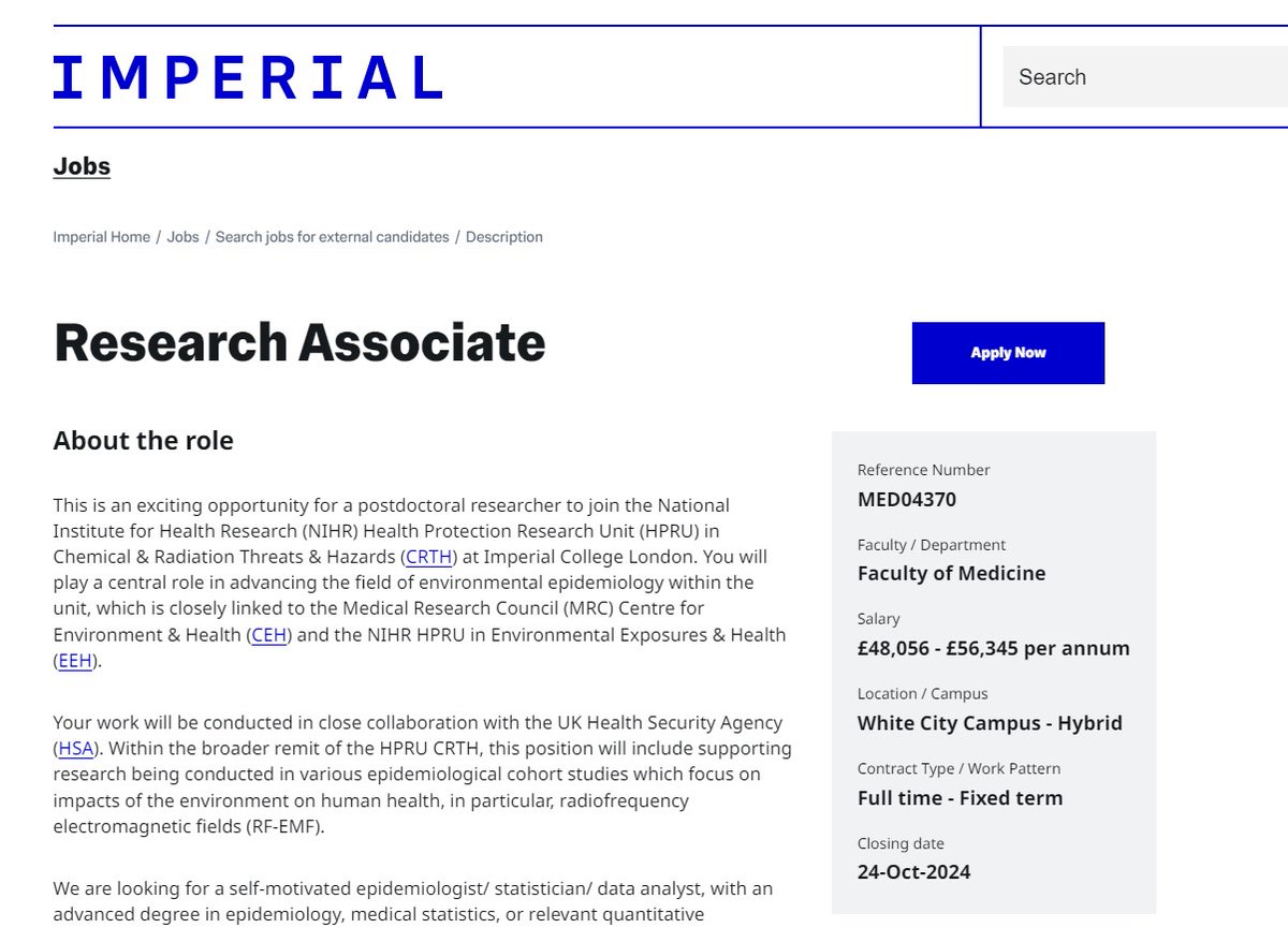 📢 New recruitment available! 
Are you an epidemiologist/ statistician/ data analyst with a focus on environment and health? Then apply today to become part of an exciting group at Imperial College London
imperial.ac.uk/jobs/search-jo…