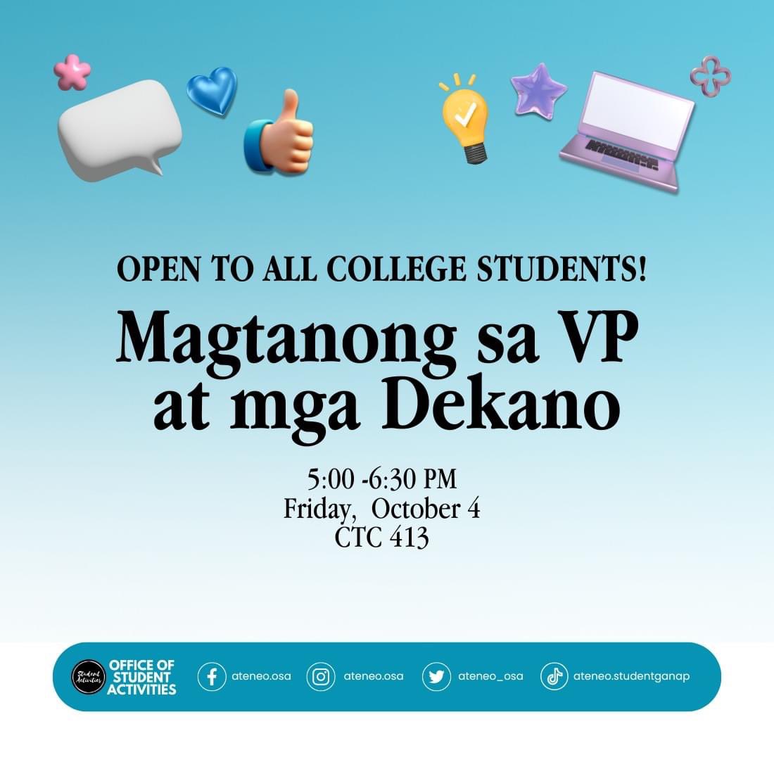 HAPPENING NOW: “Magtanong sa VP at Dekano,” a forum headed by the Higher Education administration at CTC 413 from 5:00 PM to 6:30 PM.  | <a href="/TheGUIDON/">The GUIDON</a>