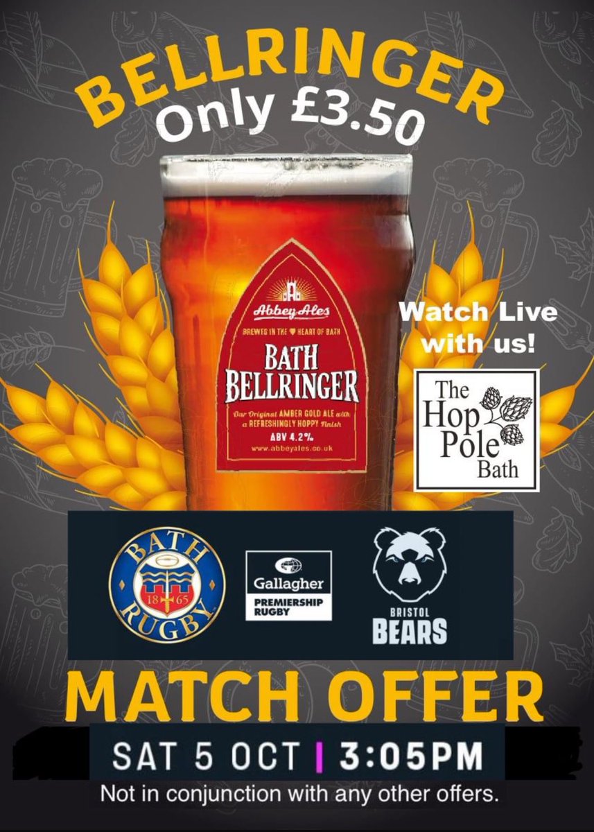 Watch live at the Hop Pole #Bellringer£3.50 <a href="/AbbeyBath/">Alan Morgan</a> <a href="/BathCombination/">BathCombinationRugby</a> <a href="/BathBytes/">BathBytes</a> <a href="/BathEcho/">Bath Echo</a> <a href="/TheAssemblyinn/">The Assembly Inn</a> <a href="/BathSpaUni/">Bath Spa University</a>
