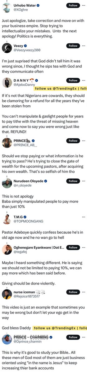 TrendingEx's tweet photo. Pastor Adeboye is trending because the RCCG G.O. has apologized to his flocks for lying to them in 2021 that who doesn't pay tithe will go to hell.  

Abel Damina vindicated. Anti- tithers await Oyedepo, as Danny cooks.

Interestingly, Adeboye went ahead to trigger members to start paying up to 40% instead of regular 10%.

Bible scholars vehemently disagreed with him on this, stating that when it exceeds 10%, it is no longer tithe.

In 2021 Adeboye emphatically used Matthew 23:23 to explain that failure to pay tithe will result to hell. This sparked wild debate across the Christian community.

As expected, many agreed with Adeboye. Until today.

Pastor Abel Damina openly disagreed (Check Third Frame). He was followed with insults from both RCCG and Winners Chapel members.

Recall, Bishop Oyedepo also stated that Job suffered in the Bible because he didn't pay tithe.

Some other apostles have claimed that Jesus died because he didn't pay tithe.

Summarily, RCCG members are hailing Adeboye for realizing his mistake and have accepted his apology and suggestions to start paying up to 40%.

Meanwhile, others insist Adeboye is only manipulating them for more money. In their words, not ours.

Take your African business global for $0.99/month on https://t.co/D5bRPEForm • Sell your African fashion wears, accessories, food etc to teeming International customers and earn in USD - @SellerAfrica