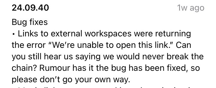 StevenBufton's tweet photo. ⁦@SlackHQ⁩, your release notes are almost always a work of art, but the Fleetwood Mac references in 24.09.40 are pure genius. 👏🏻😀 https://t.co/onzTr0wvEl
