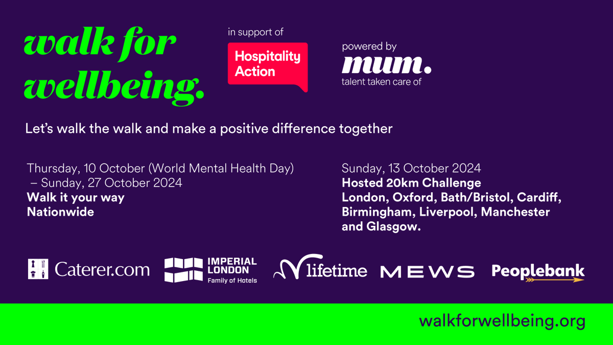 UKHospitality (@ukhofficial) on Twitter photo Less than one week to go until Walk for Wellbeing, in support of <a href="/HospAction/">Hospitality Action</a>.
If you'd like to get involved, you can either walk it your way from 10th - 27th October, or join hosted city walks across the UK on Sunday 13th October.
Get involved: hospitalityaction.org.uk/2024/october/w… Less than one week to go until Walk for Wellbeing, in support of <a href="/HospAction/">Hospitality Action</a>.
If you'd like to get involved, you can either walk it your way from 10th - 27th October, or join hosted city walks across the UK on Sunday 13th October.
Get involved: hospitalityaction.org.uk/2024/october/w…