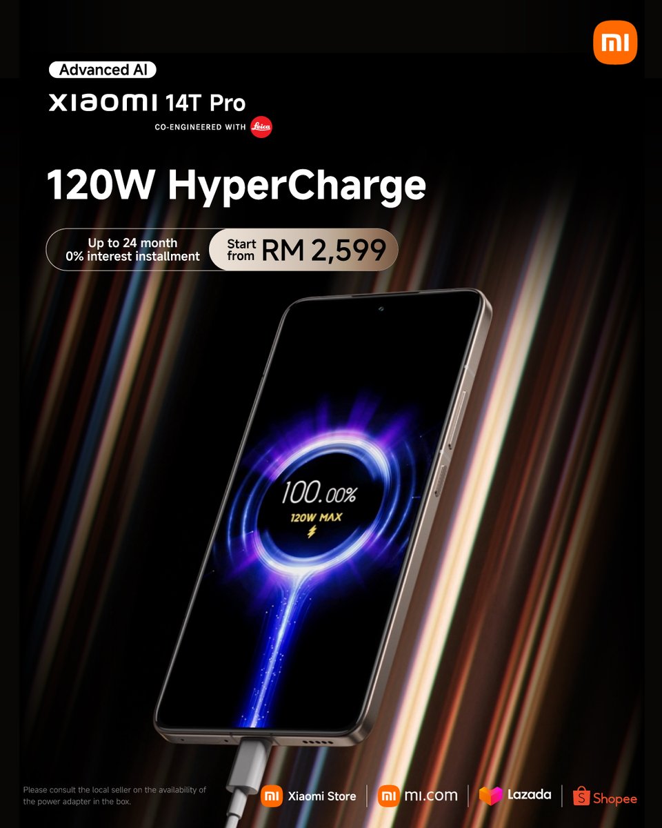 XiaomiMalaysia's tweet photo. Juice up in a flash - the #Xiaomi14TPro's 120W HyperCharge ⚡ delivers hyper-fast charging to keep you powered through even the busiest of days! 

Get yours today:  https://t.co/abW9xhJxnR

#XiaomiMalaysia #XiaomiLaunch #Xiaomi14TSeries #OnlyAtNight #AdvanceAI https://t.co/INWt2rJbEM