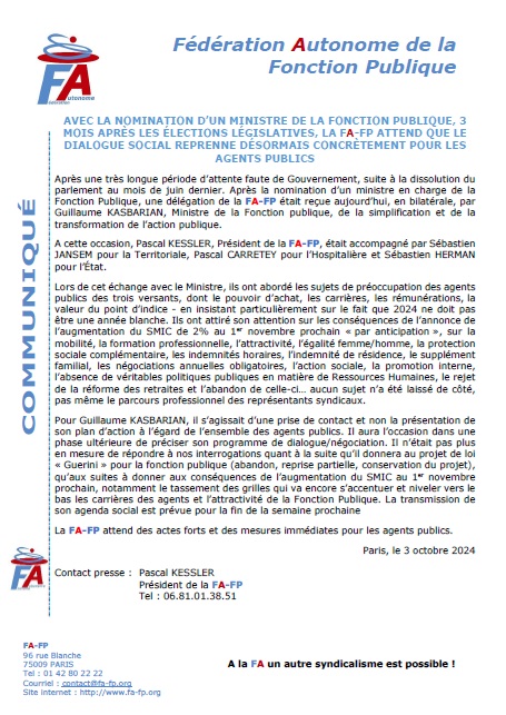 FederationAuto's tweet image. La @FederationAuto reçue par @guillaumekasba réaffirme les attentes des agents de la #Fonctionpublique