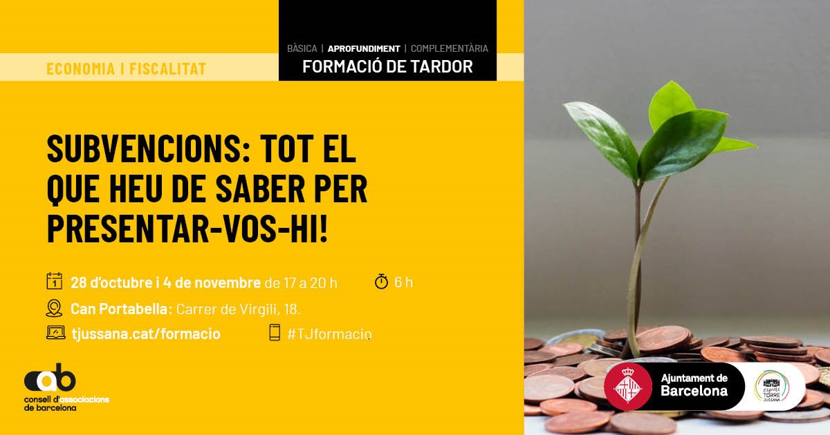 📅 Encara estàs a temps! No et perdis la formació sobre finançament públic i disseny i gestió de projectes, organitzada per <a href="/tjussana/">Torre Jussana</a>. 

 📌 Inscripcions fins al 25/10/2024.
🔗goo.su/7N8cw1A

#Formació #Subvencions #GestióDeProjectes #CAFGestión