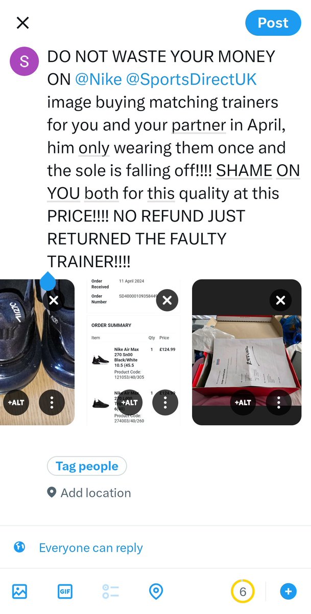 Coco10puff's tweet photo. @SportsDirectUK @Nike imagine spending £124.99 on one pair of matching trainers, only for them to fall apart after 1 wear and @sportsdirect tells you @nike said it's not a manufacturing faulty....REALLY???? https://t.co/iIzFjcMP60