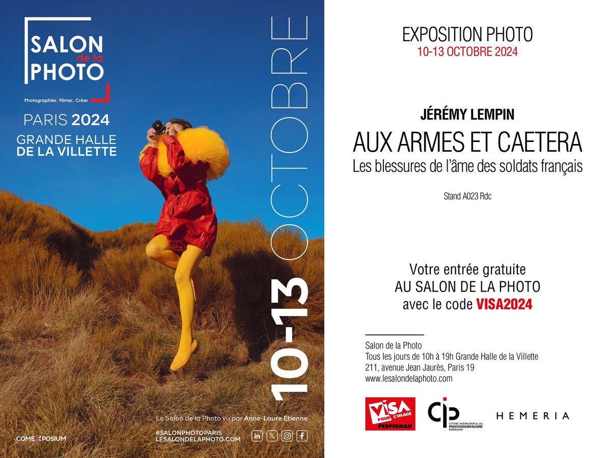 [SALON DE LA PHOTO]

📷 AUX ARMES ET CAETERA de @jeremylempin

📆 du 10 au 13 octobre au @salondelaphotoparis à Paris

 🙌 Entrée gratuite avec le code VISA2024 !

#salondelaphoto2024
#visapourlimage #cipperpignan #photojournalism #frenchphotographer #exhibition
