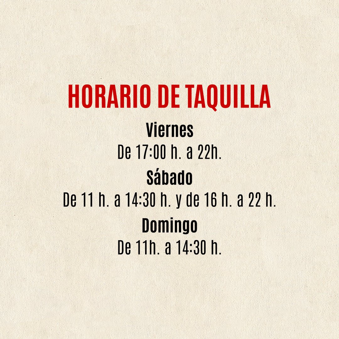 📷📷 HORARIO DE TAQUILLA DEL TEATRO CIRCO APOLO
Viernes: De 17:00 h a 22 h.
Sábado: De 11 h. a 14:30 h. y de 16 h. a 22 h.
Domingo: De 11 h. a 14:30 h.