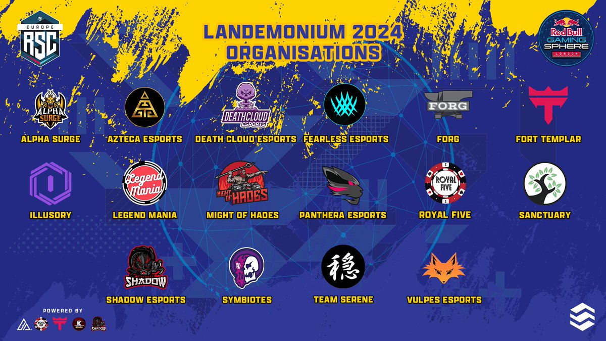 RSC EU (@rsc_eu) on Twitter photo Here are the 16 Orgs being represented at <a href="/RedBullUK/">Red Bull UK</a> LANdemonium 2024 on the 12th October! 🥰
<a href="/alpha_surge/">Alpha Surge</a> <a href="/aztecaesportsrl/">Azteca Esports</a> <a href="/DeathCloudORG/">Death Cloud Esports</a> <a href="/FearlessGG/">Fearless eSports</a> <a href="/FORG_ENT/">FORG Entertainment</a> <a href="/FortTemplar/">Fort Templar</a> <a href="/Illusory_RL/">Illusory</a> <a href="/LegendManiaGG/">Legend Mania</a> <a href="/MightOfHades/">Might of Hades</a> <a href="/PNTReSports/">Panthera eSports</a> @RoyalFiveGG <a href="/SanctuaryHF/">Sanctuary</a> <a href="/ShadowEsports11/">Shadow Esports</a> Here are the 16 Orgs being represented at <a href="/RedBullUK/">Red Bull UK</a> LANdemonium 2024 on the 12th October! 🥰
<a href="/alpha_surge/">Alpha Surge</a> <a href="/aztecaesportsrl/">Azteca Esports</a> <a href="/DeathCloudORG/">Death Cloud Esports</a> <a href="/FearlessGG/">Fearless eSports</a> <a href="/FORG_ENT/">FORG Entertainment</a> <a href="/FortTemplar/">Fort Templar</a> <a href="/Illusory_RL/">Illusory</a> <a href="/LegendManiaGG/">Legend Mania</a> <a href="/MightOfHades/">Might of Hades</a> <a href="/PNTReSports/">Panthera eSports</a> @RoyalFiveGG <a href="/SanctuaryHF/">Sanctuary</a> <a href="/ShadowEsports11/">Shadow Esports</a>