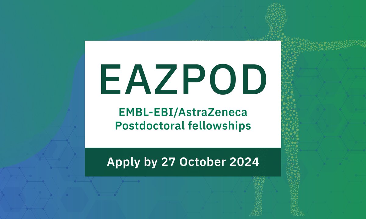 EMBL-EBI (@emblebi) on Twitter photo 🚀 Exciting postdoc opportunity in collaboration with <a href="/AstraZeneca/">AstraZeneca</a>.
Our EAZPOD fellowships push the boundaries of cutting-edge computational biology in oncology. Combine method development & modelling with preclinical multiomics data.
Find out more 👇
ebi.ac.uk/research/postd… 🚀 Exciting postdoc opportunity in collaboration with <a href="/AstraZeneca/">AstraZeneca</a>.
Our EAZPOD fellowships push the boundaries of cutting-edge computational biology in oncology. Combine method development & modelling with preclinical multiomics data.
Find out more 👇
ebi.ac.uk/research/postd…