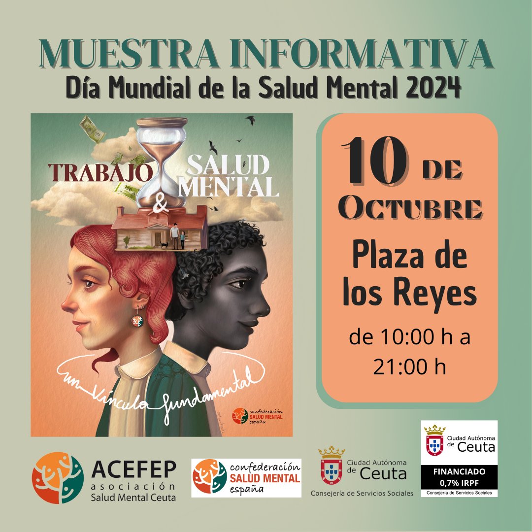 Os esperamos en la Muestra Informativa del #DiaMundialdelaSaludMental bajo el lema #TrabajoySaludMental, un vínculo fundamental. Visibilicemos la importancia de cuidar la #saludmental en los entornos laborales y la inclusión de personas con problemas de salud mental.