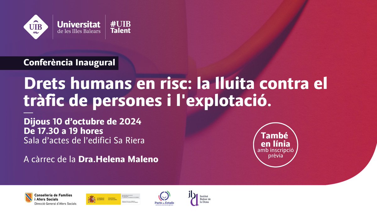 🚨 Drets humans en risc: la lluita contra el tràfic de persones i l'explotació 🚨
Conferència inaugural amb <a href="/HelenaMaleno/">Helena Maleno Garzón</a>  🗓 10/10/2024, de 17.30 a 19 hores
📍 Sala d'actes de Sa Riera o en línia!
🔗 Més info i inscripció: fueib.org/curs/prostituc…
#UIB #fueib #uibtalent