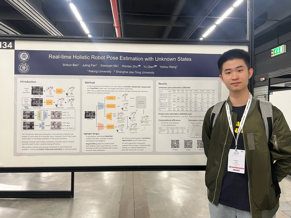 OliverBan2's tweet image. Stoked to have presented our #ECCV2024 paper "Real-time Holistic Robot Pose Estimation with Unknown States" @eccvconf. We estimate camera-to-robot pose without known GT joint states as additional inputs. Instead, we estimate both robot pose and joint states holistically (p1).