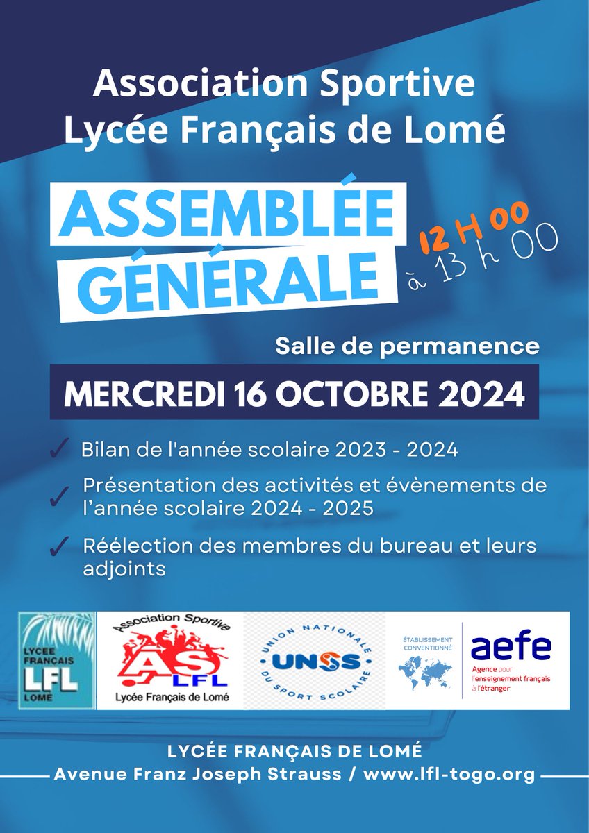 lfl_tg's tweet photo. Assemblée Générale de l'Association Sportive du Lycée Français de Lomé !

Rendez-vous le mercredi 16 octobre de 12h à 13h dans la salle de permanence du Site Secondaire pour discuter ensemble de l'avenir du sport scolaire au #LFLTogo ! https://t.co/l1VXCY3lAv