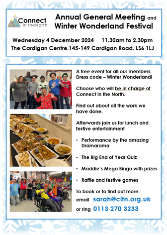 Through The Maze (@throughthemaze) on Twitter photo For all members of <a href="/ConnectintNorth/">Connect in the North</a> - the Annual General Meeting and Winter Wonderland party is on Wednesday 4 December.
Any adult with a learning difficulty in the North of England can be a member for free. If you want to join us get in touch or visit citn.org.uk/membership/ For all members of <a href="/ConnectintNorth/">Connect in the North</a> - the Annual General Meeting and Winter Wonderland party is on Wednesday 4 December.
Any adult with a learning difficulty in the North of England can be a member for free. If you want to join us get in touch or visit citn.org.uk/membership/