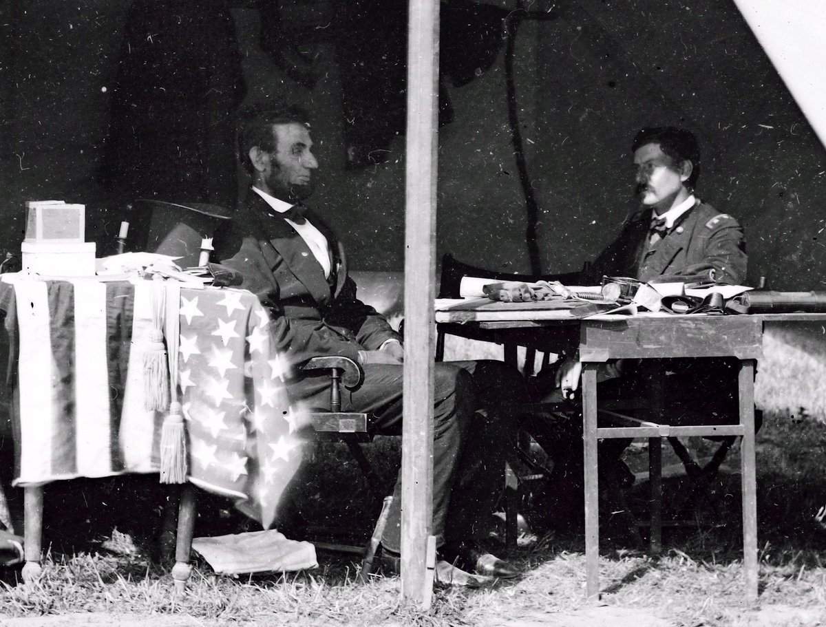 BeschlossDC's tweet photo. President Abraham Lincoln meets General George McClellan in tent at Antietam, this week 1862:   #Gardner https://t.co/uOncOpLZVM