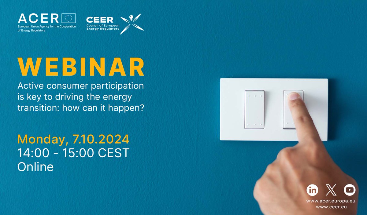 EU_ACER's tweet photo. 🔔Join the ACER &amp; @CEERenergy webinar to explore 2023’s #energy #RetailMarket trends in #Europe!

🗓️Monday, 7 October at 14:00 CEST  

💪Learn how #flexibility, dynamic pricing, &amp; #SmartMeters can empower #consumers in the #EnergyTransition.

🔗https://t.co/8LdQJJsgHs https://t.co/2VNK3Fs6Lg