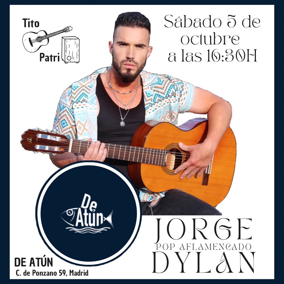 JDylanOficial's tweet photo. Este sábado día cinco hacemos conciertazo en (De Atún) un concierto donde cada vez que vamos la gente no se quiere ir🙌🏻 
Os invitamos la entrada es totalmente gratuita!!! Si quieres pasar un rato de verdad, no dudes en venir!!! 🎸🎙️🥁 #FelizFinDeSemana #03Oct https://t.co/x316dJfpf8