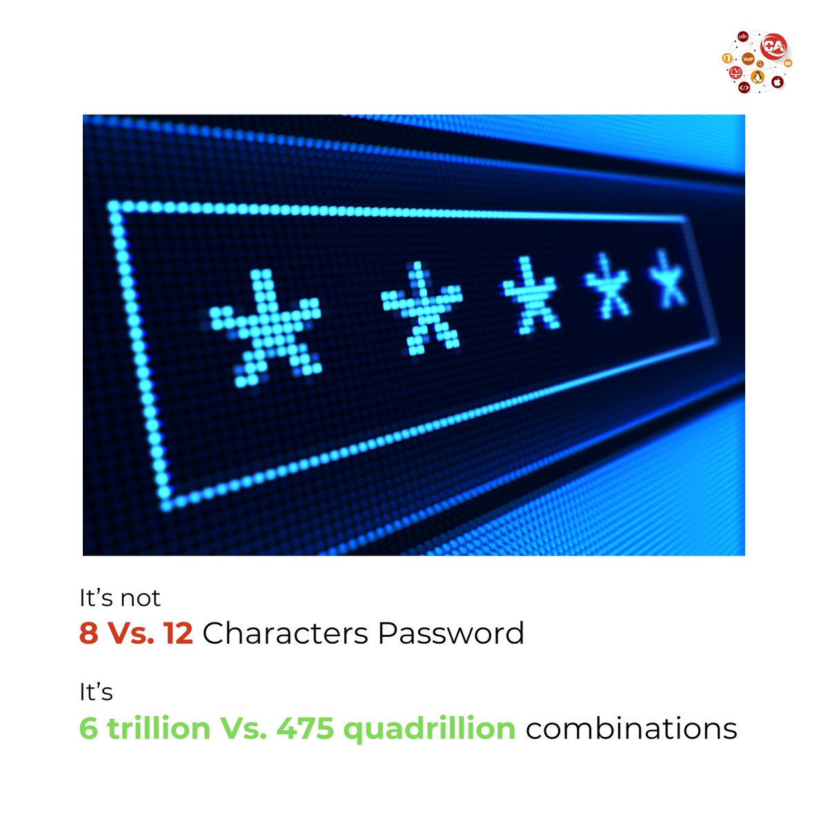 WiseserveLTD's tweet photo. Think your 8-character password is strong? Try 12 characters: 6 trillion vs 475 quadrillion combinations. Make the switch for ultimate security!

#password #strongpassword #security #cybersecurity #bestpractices https://t.co/1gWJL9OCLB