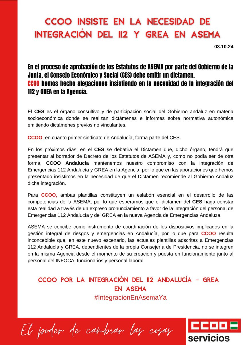 <a href="/FSAN_CCOO/">FSAN-CCOO</a> #Emergencias112Andalucia y # GREA TIENEN que estar en #ASEMA‼️
Es incongruente que el Gobierno de <a href="/JuanMa_Moreno/">Juanma Moreno</a>  y <a href="/antoniosanz/">Antonio Sanz Cabello</a> nos deje fuera de la nueva Agencia de Emergencias cuando somos el 1° eslabón ante la ciudadanía. 
📢Es VIABLE. 
📢Es solo voluntad política ¿la tienen?