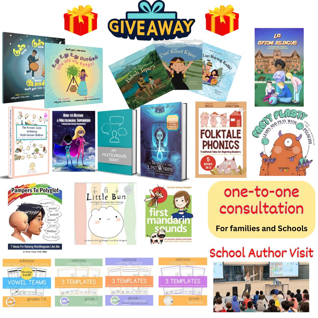 1 day left to enter the GRAND MULTI-LITERACY EVENT giveaway ✨️
Check the steps on p1 of the programme (bit.ly/GMLEvent)

Win one of the many prizes
📚 15 books
🎁 2 sets of resources
👩‍🔬 1 family/school consultation 
📖 1 author visit on multilingual superpowers