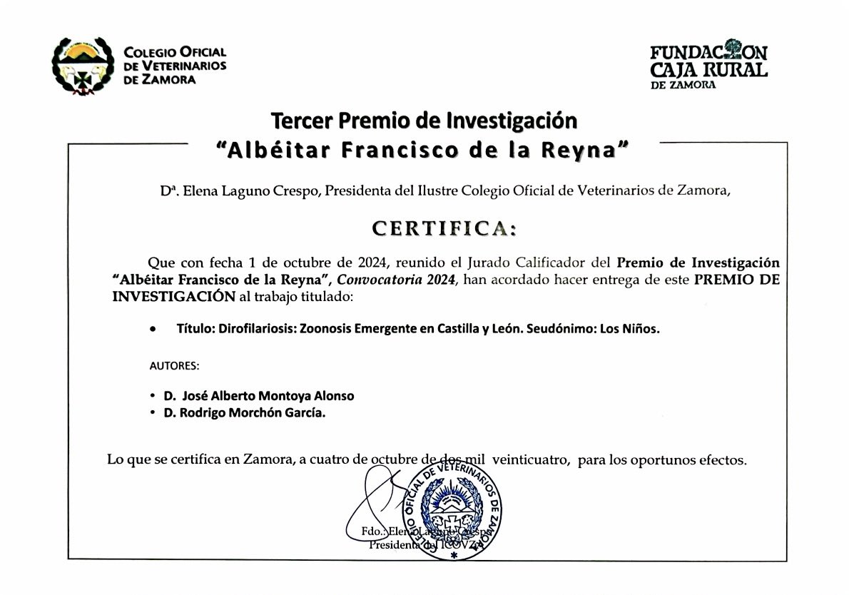 Hoy nos han entregado el Premio “Albéitar Francisco de l Reina” del Colegio de Veterinarios de Zamora con <a href="/JAlbertoMontoya/">J. Alberto Montoya</a> pro el trabajo Dirofilariosis: zoonosis emergente de Castilla y León. Gracias a nuestros grupos de investigación <a href="/usal/">Universidad de Salamanca</a> y <a href="/ULPGC/">ULPGC</a> y a <a href="/ECarreton/">Elena Carretón</a>