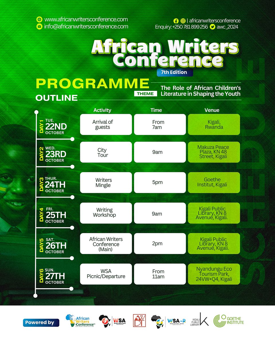 AWC_2026's tweet photo. We have curated wholesome activities that will make this year's African Writers Conference an unforgettable experience for all attendees.
Don't sit this one out. Be there!
#awc2024
#countingdown
#writingcommunity
#writersconference
#programmeoutline
#Rwanda https://t.co/ZSb90lOiHI