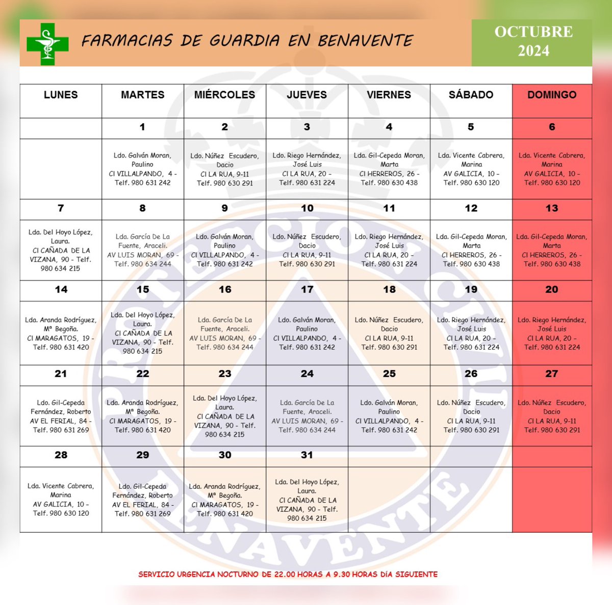 Farmacias de guardia para el mes de octubre en Benavente. 
#benavente #farmacia #farmaciadeguardia #lasprotescuentan #proteccioncivil #voluntariado