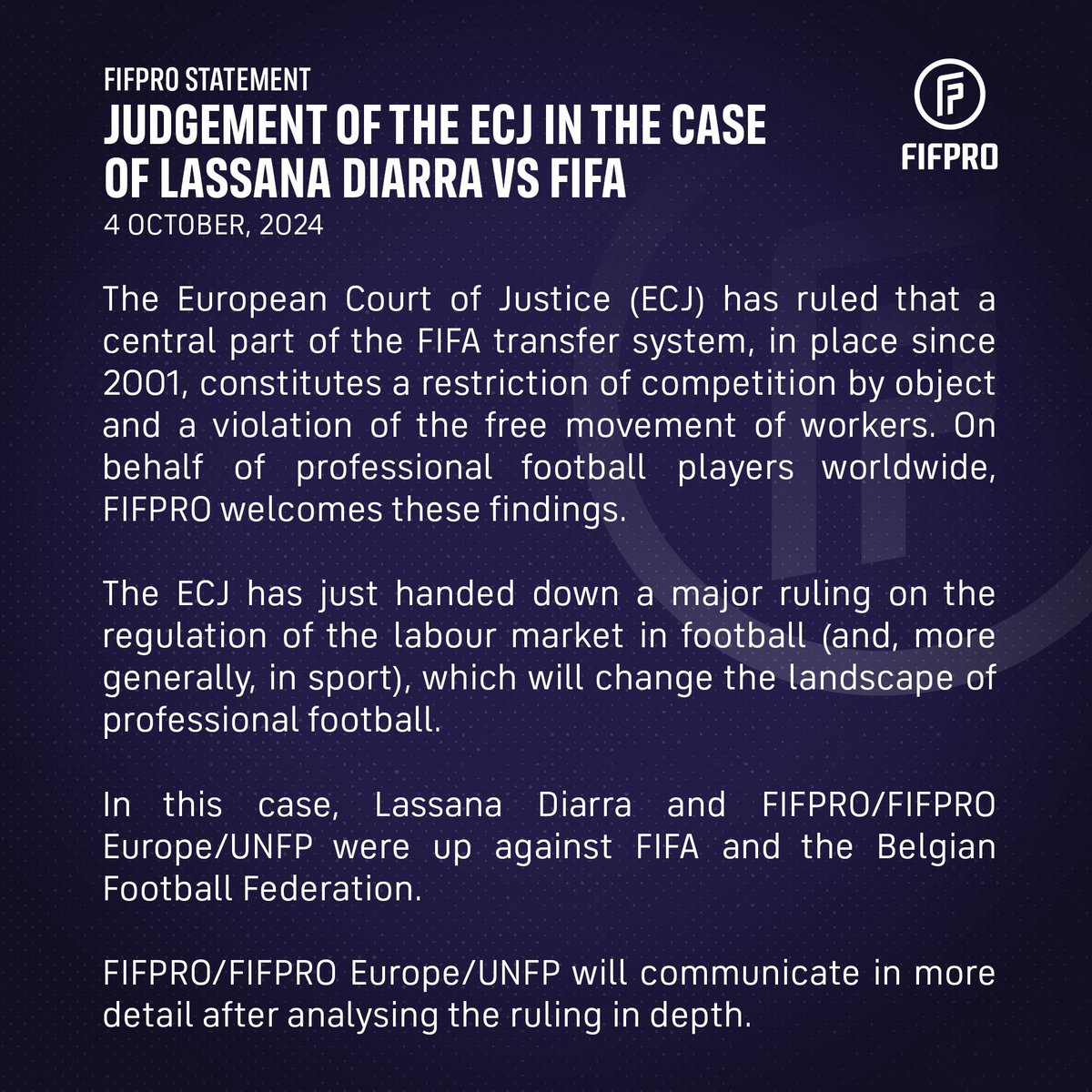 ActuFoot_'s tweet photo. 🚨🚨 𝗟𝗔 𝗖𝗢𝗨𝗥 𝗗𝗘 𝗝𝗨𝗦𝗧𝗜𝗖𝗘 𝗗𝗘 𝗟’𝗨𝗘 𝗘𝗦𝗧𝗜𝗠𝗘 𝗔𝗨𝗣𝗥𝗘̀𝗦 𝗗𝗘 𝗟𝗔 𝗙𝗜𝗙𝗔 𝗤𝗨𝗘 𝗖𝗘𝗥𝗧𝗔𝗜𝗡𝗘𝗦 𝗥𝗘̀𝗚𝗟𝗘𝗦 𝗗𝗘𝗦 𝗧𝗥𝗔𝗡𝗦𝗙𝗘𝗥𝗧𝗦 𝗘́𝗧𝗔𝗜𝗘𝗡𝗧 𝗖𝗢𝗡𝗧𝗥𝗔𝗜𝗥𝗘𝗦 𝗔𝗨 𝗗𝗥𝗢𝗜𝗧 𝗗𝗘 𝗟’𝗨𝗘 ! ⚖️

Une décision, prise dans le cadre de l’affaire Lassana Diarra, qui "𝘃𝗮 𝗰𝗵𝗮𝗻𝗴𝗲𝗿 𝗹𝗲 𝘃𝗶𝘀𝗮𝗴𝗲 𝗱𝘂 𝗳𝗼𝗼𝘁𝗯𝗮𝗹𝗹 𝗽𝗿𝗼𝗳𝗲𝘀𝘀𝗶𝗼𝗻𝗻𝗲𝗹". 🤯

C'est tout le modèle de trading qui est peut être affecté par cette affaire "Bosman 2.0". 😱

Les joueurs pourraient donc quitter unilatéralement un club sans indemnité de transfert.

L’avocat de Lassana Diarra dans un communiqué après la décision de la CJEU : 

« 𝗖'𝗲𝘀𝘁 𝘂𝗻𝗲 𝘃𝗶𝗰𝘁𝗼𝗶𝗿𝗲 𝘁𝗼𝘁𝗮𝗹𝗲 𝗰𝗼𝗻𝘁𝗿𝗲 𝗹𝗮 𝗙𝗜𝗙𝗔 𝗲𝘁 𝘀𝗼𝗻 𝘀𝘆𝘀𝘁𝗲̀𝗺𝗲 𝗱𝗲 𝘁𝗿𝗮𝗻𝘀𝗳𝗲𝗿𝘁 ! »

🗞️ communiqué officiel