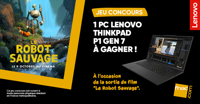 JEU CONCOURS 💻 | Tentez de gagner un PC Lenovo ThinkPad P1 Gen 7 à l’occasion de la sortie du film Le Robot Sauvage ! 🎬
Pour participer 👉 RT + Follow <a href="/Fnac/">Fnac</a>
Bonne chance à tous ! 💪
TAS le 09/10. 1 gagnant.