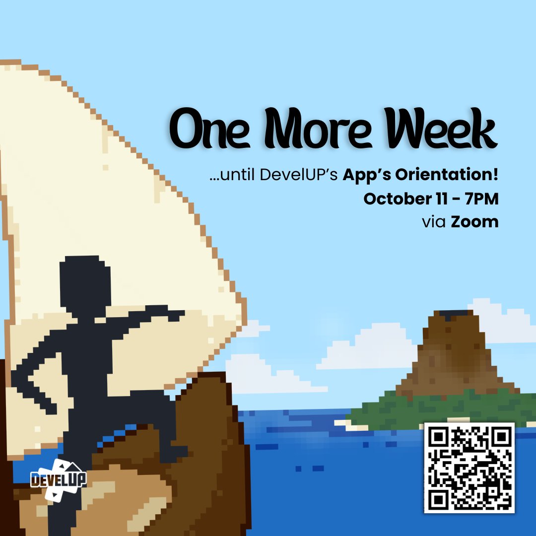 DevelUP_Diliman's tweet photo. Only one week left until DevelUP's Applicant's Orientation on October 11 (7PM) via Zoom! 

Hurry aboard seafarers, your next adventure awaits! ⛵️🌊

https://t.co/V5ksDTxYwk
#DevelUP https://t.co/7iSB5I0hFe