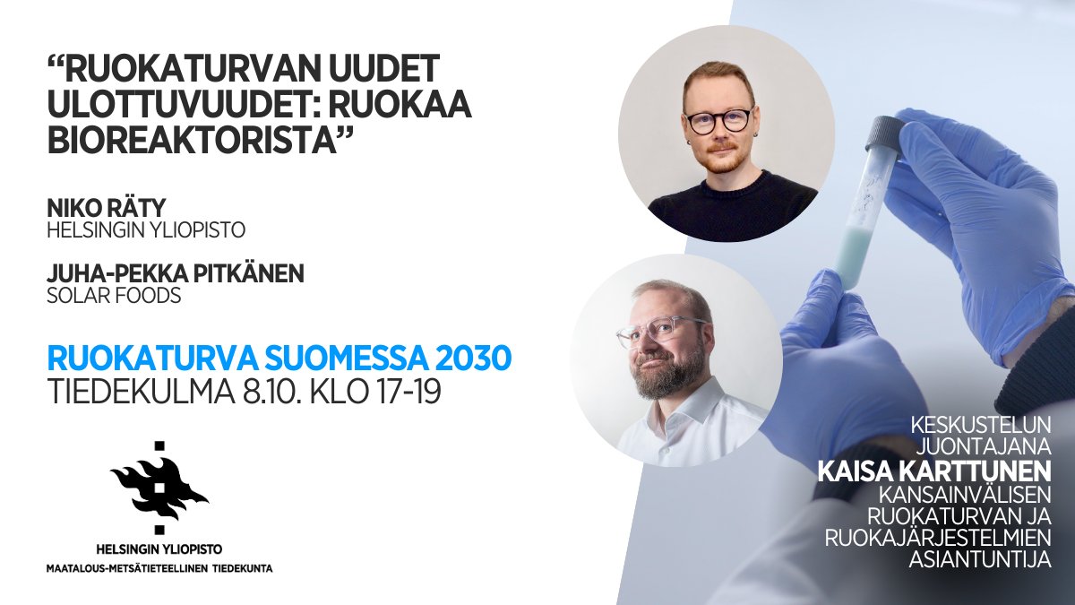 Löytyykö ratkaisu ruokamurrokseen laboratoriosta? Ensi tiistaina Tiedekulmassa Niko Räty ja Juha-Pekka Pitkänen keskustelevat uusista tavoista tuottaa ruokaa. Tervetuloa joko paikan päälle tai striimin ääreen klo 17 alkaen! #ruokaturva