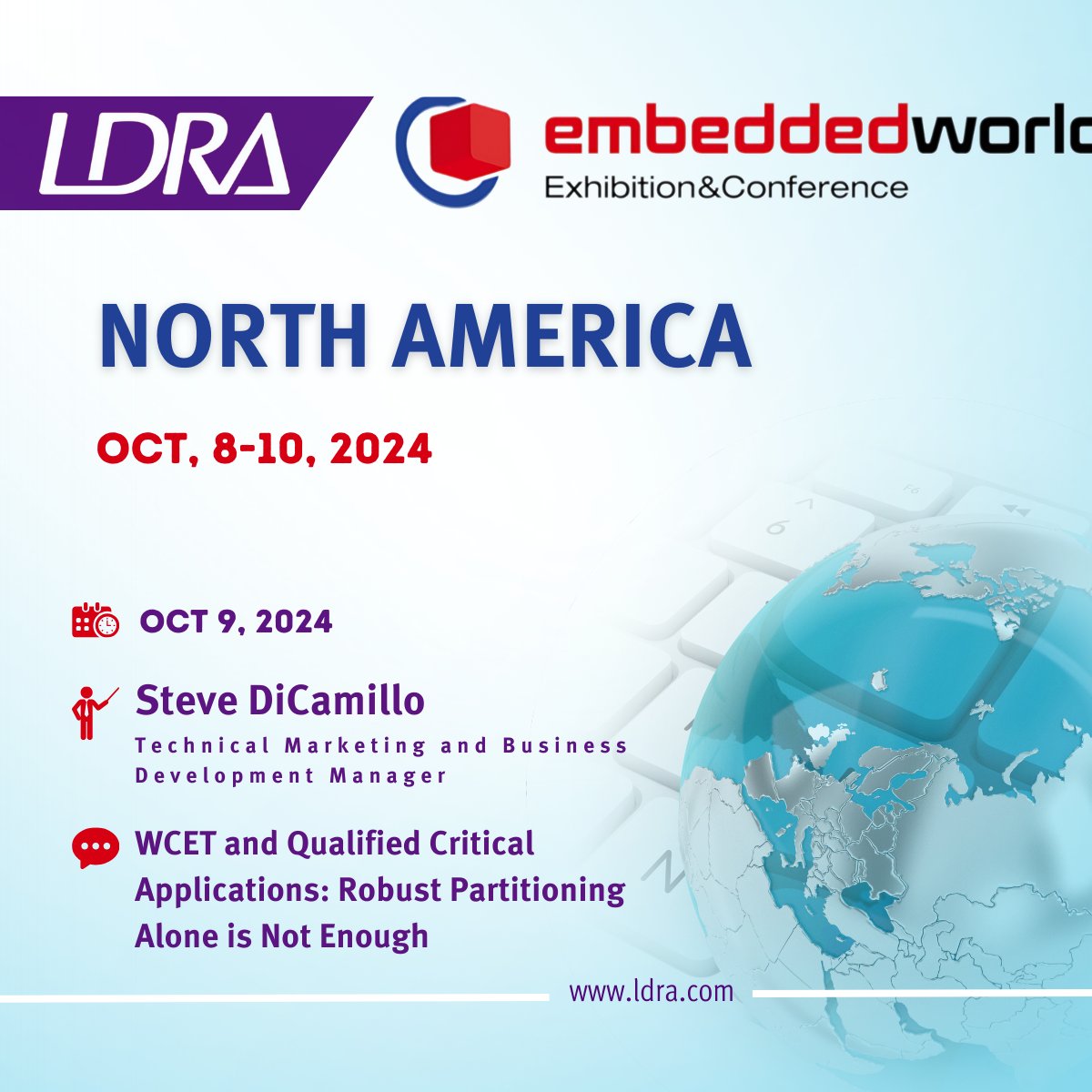 ldra_technology's tweet image. Join LDRA at Embedded World North America, October 8-10 in Austin, Texas! Don’t miss Steve Di Camillo's session on "WCET and Qualified Critical Applications: Robust Partitioning Alone is Not Enough."
See you there! #LDRA #EmbeddedWorldNA #Austin #WCET #CriticalApplications