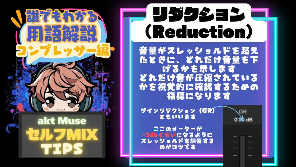 aktmix's tweet image. 【誰でもわかるDTM用語解説】
知らなくても生きていけるけど
知ってるとセルフMIXが楽々できちゃう！？

プラグインにあるよくわからん言葉
意味もわからず使ってる人はチェック！

&amp;lt;リダクション&amp;gt;
もはや英語の勉強ｗ

質問箱はこちら
marshmallow-qa.com/pfwbud5qr4zbrl…
#MIXTIPS #セルフMIX #MIXがわからん