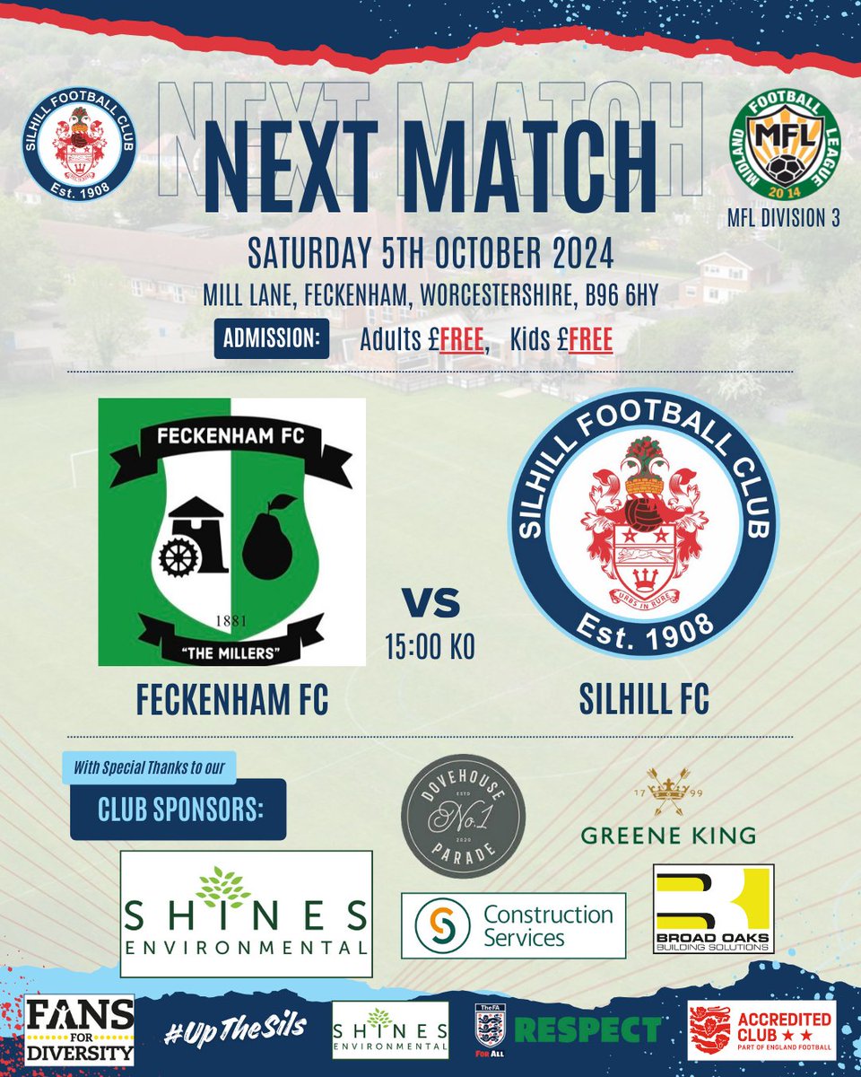 Feckenham FC vs Silhill FC
MFL Division 3
Saturday 5th October 2024
3.00pm Kick Off

Details here for the club's next match. Away against Feckenham FC looking to continue our good league form.

#UpTheSils