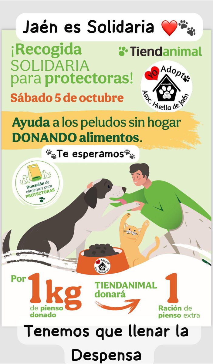 Nos necesitan,
No podemos mirar a otro lado.
Te esperamos en esta JORNADA DE ADOPCIÓN ESPECIAL
-Necesitamos latitas para los cachorros.
-Comida blanda para los gatos.
-Tendremos un montón de artículos para regalo.
-Bolsas de Chuches 🐾
-Lotería de Navidad.

No faltes, por favor…