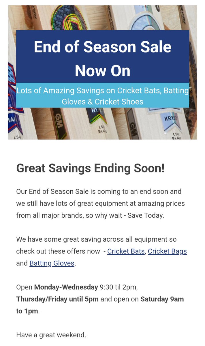 CicadaSports's tweet image. New Newsletter just Dropped!! 

End of Season Sale is ending soon, so don't miss out. 

Great savings in-store and online. 

Shop Now - tinyurl.com/33563ch7

@staffsclubcrick @Worc_cl @WMCricket