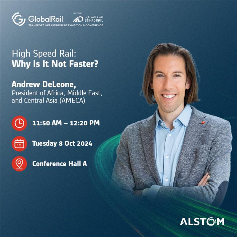 Join our President of Africa, Middle East, and Central Asia (AMECA) Region, Andrew DeLeone, at Global Rail Transport Infrastructure Exhibition &amp; Conference 2024 for a timely discussion on the future of high-speed rail. #GlobalRail2024 #Alstom