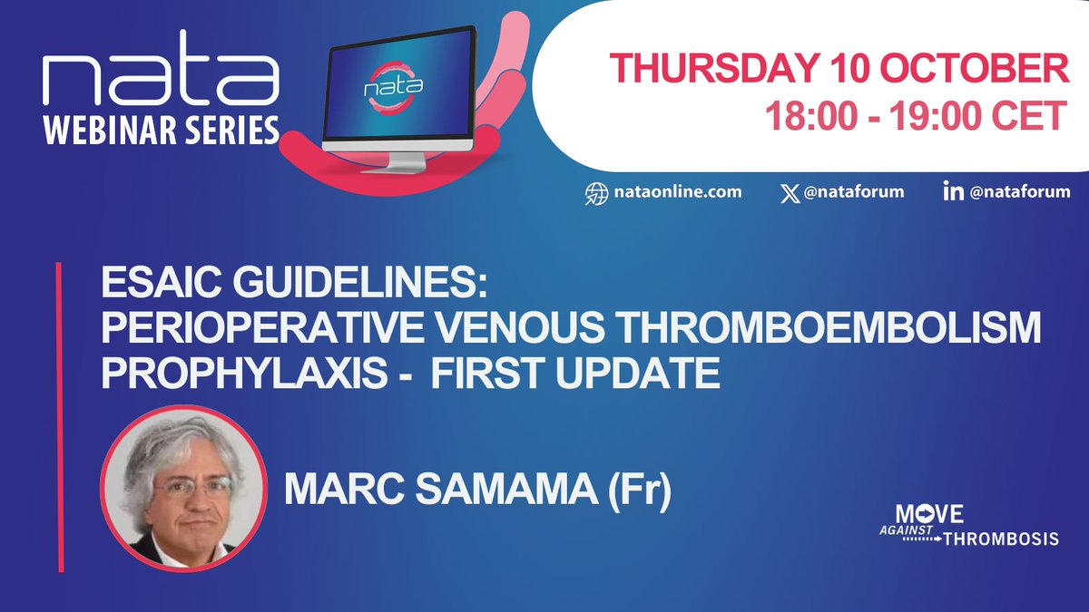 Next Thursday Prof @MarcSamama will present the updated #ESAIC #VTE Prophylaxis Guidelines &amp; the most important recommendations in many surgical settings, pivotal for patient outcomes
These GL are endorsed by NATA &amp; #ISTH &amp; 11 more
🗓️10 October - 18:00
🔗 nataonline.com/monthly-live-w…