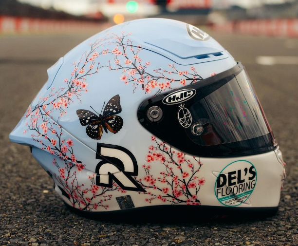 hjc blossom motorcycle helmet Joe Roberts has an exceptional cherry blossom design on his helmet this  weekend! 📷