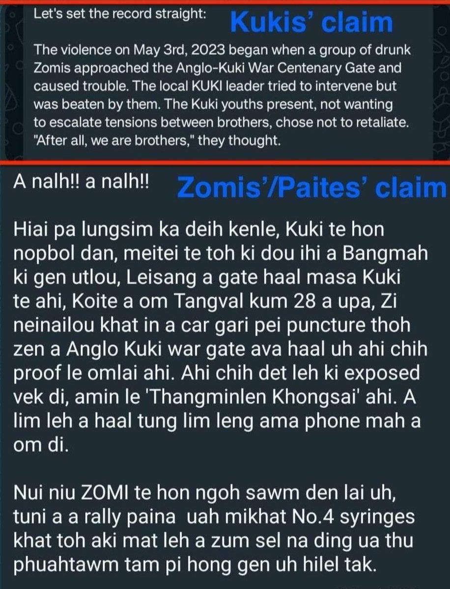 Kukis claimed the violence on May 3rd 2023 began when a group of drunk Zomis approached the Anglo-Kuki War Centenary Gate &amp; caused trouble. The local KUKI leader tried to intervene but was beaten by them.The kuki youths present not wanting to escalate tensions between brothers