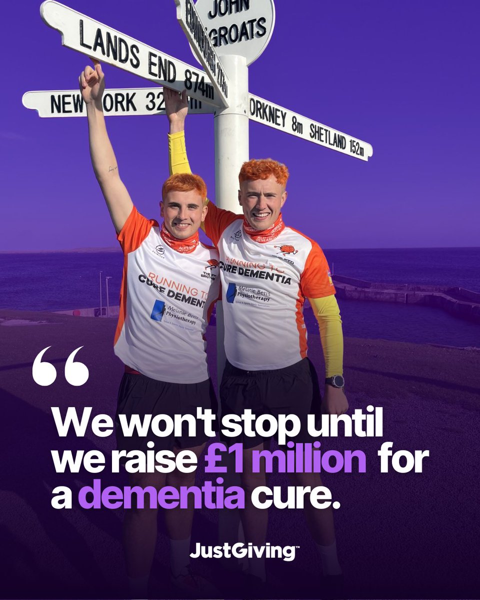 JustGiving (@justgiving) on Twitter photo Brothers Jordan and Cian have run the entire length of the UK to raise funds for <a href="/AlzResearchUK/">Alzheimer's Research UK</a> 👏
They lost their mum, Geraldine, to a rare dementia and have both inherited the gene that caused it.
Donate below 👇
just.ly/4gIY2zP
<a href="/GrizzlyAdams_78/">Jord Adams</a> Brothers Jordan and Cian have run the entire length of the UK to raise funds for <a href="/AlzResearchUK/">Alzheimer's Research UK</a> 👏
They lost their mum, Geraldine, to a rare dementia and have both inherited the gene that caused it.
Donate below 👇
just.ly/4gIY2zP
<a href="/GrizzlyAdams_78/">Jord Adams</a>