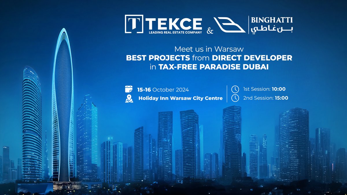 Don’t miss our Warsaw seminar on October 15-16! 🗓️ Explore how Dubai's booming real estate market can elevate your investment portfolio. See you at the Holiday Inn Warsaw City Centre!

Details: tekce.com/events

#TEKCE #RealEstate #Warsaw #PropertyEvent #DubaiInvestment