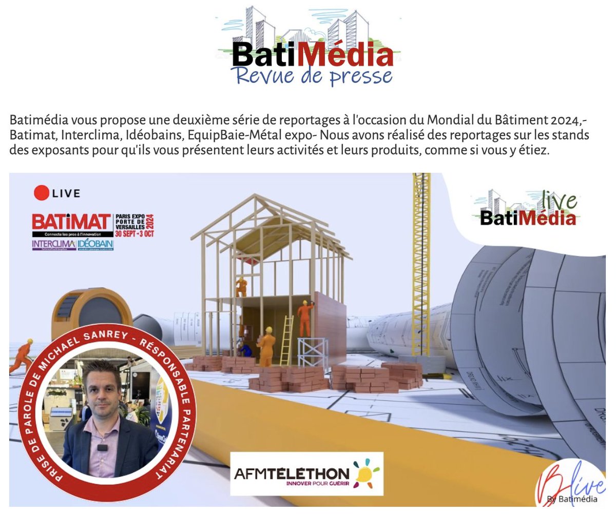 Bonjour,
Voici le complément des nos reportages live sur le Mondial du bâtiment 2024 
On en profite pour soutenir AFM téléthon, 
Bon visionnage, le mondial du Bâtiment comme si vous y étiez 
zurl.co/jiNc