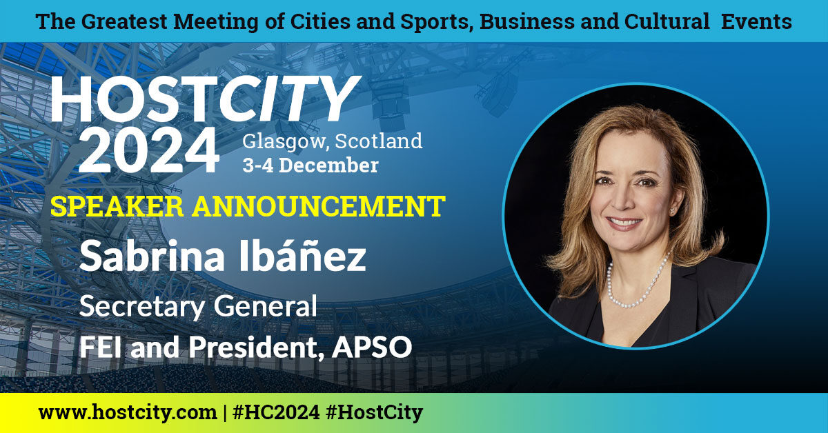 Thrilled to announce Sabrina Ibáñez, Secretary General of <a href="/FEI_Global/">The FEI</a> &amp; President of #APSO, as a #HostCity2024 speaker! With vast experience in sports governance, she’ll share insights on improving event planning and delivery. Don't miss it 👉 tinyurl.com/bdhm4dt2  
#HC2024