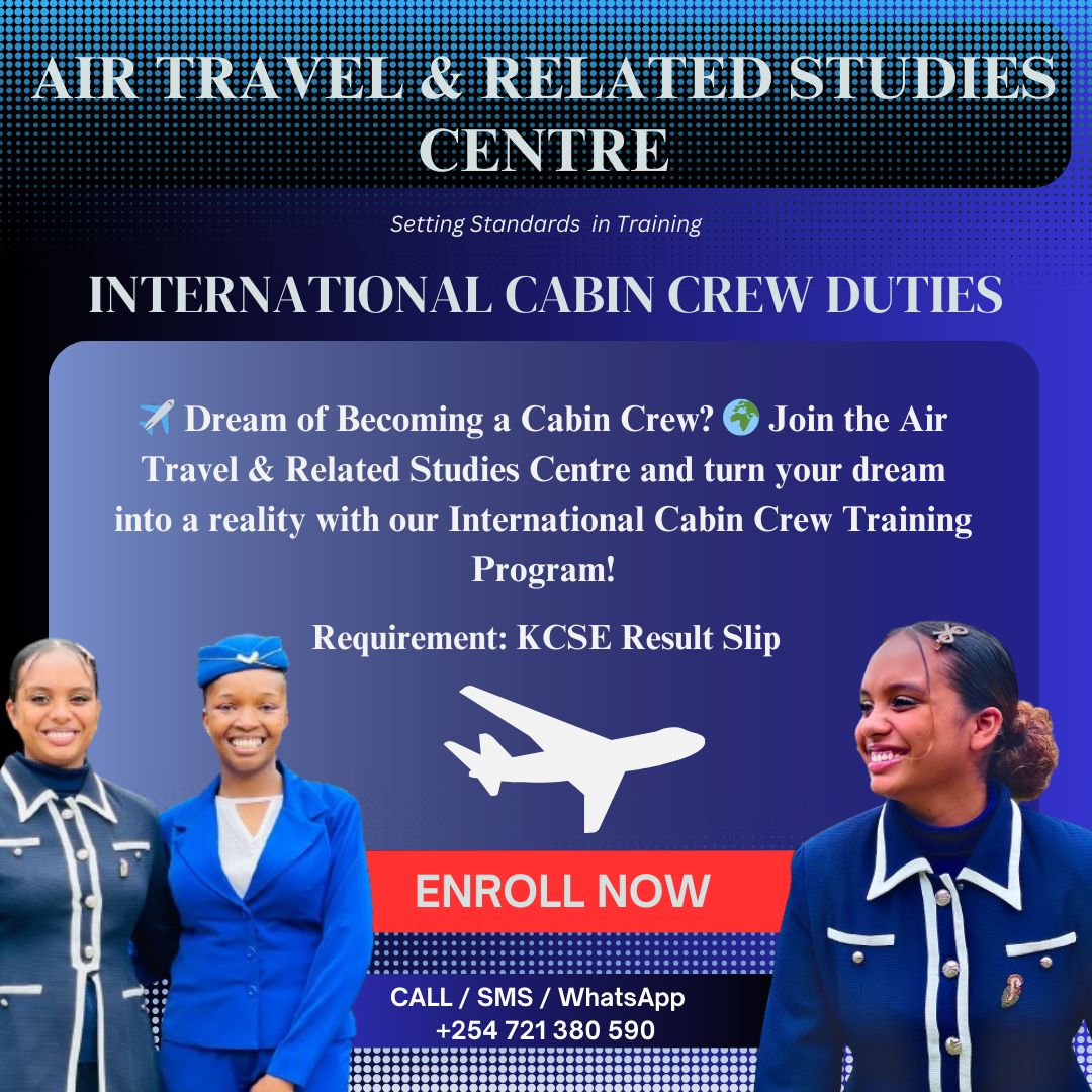 AirTravelStudy's tweet image. ✈️ Dream of Becoming a Cabin Crew? 🌍
Join the Air Travel and Related Studies Centre and turn your dream into a reality. 

📞 Call/WhatsApp us at +254 721 380 590 or visit our campus in Karen to start your journey!
#CabinCrewDream#AirTravelCentre #OctoberIntake2024