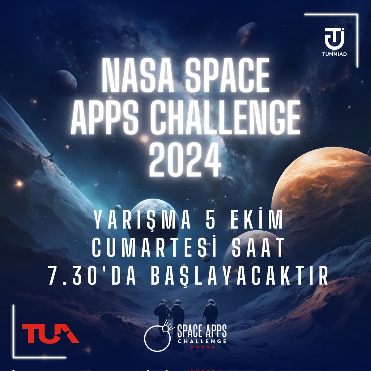 spaceappsbursa's tweet image. Heyecan Dorukta! 🥳 

🚀 NASA SPACE APPS CHALLENGE 2024, 5 Ekim saat 7.30&apos;da &quot;Görükle Gençlik Merkezi&quot;nde başlayacak! 

@tummiad @valenturatech @sacturkey
@bulentkavakli 

#SpaceApps #NasaChallenge #GençBeyinler #UzayTutkusu
