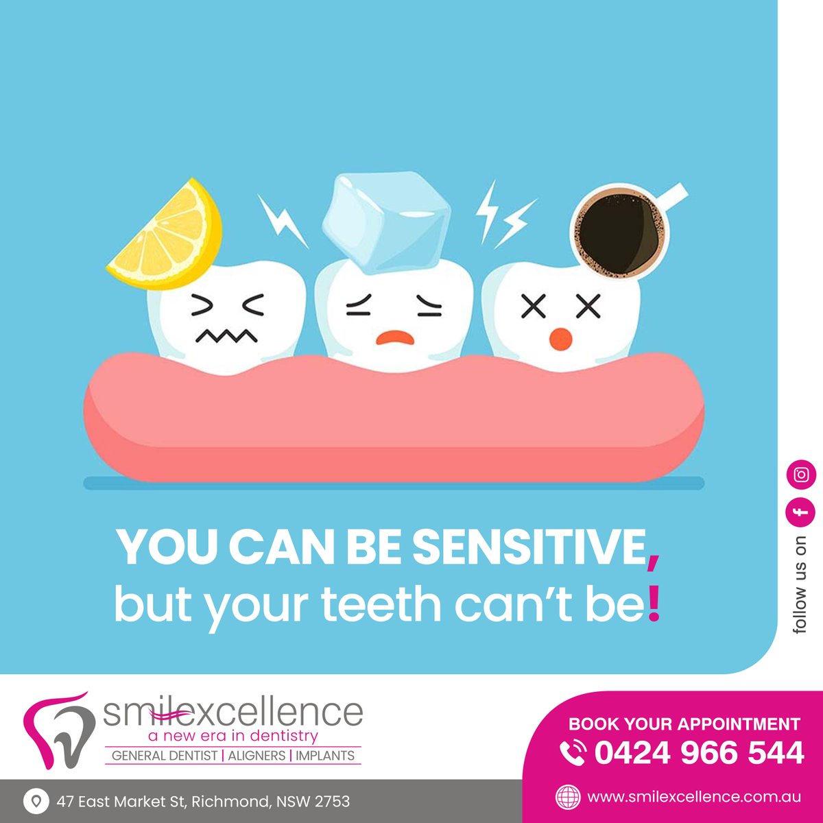 smilexcellence_'s tweet image. Say goodbye to sensitive teeth and get rid of
pain and cavity issues. Book an appointment today @smilexcellence_ and let
your teeth de-sensitise.

Call us on 0424 966 544
or
Visit: smilexcellence.com.au

#Smilexcellence #sensitiveteethtreatment #teethsensitivity #getridofpain